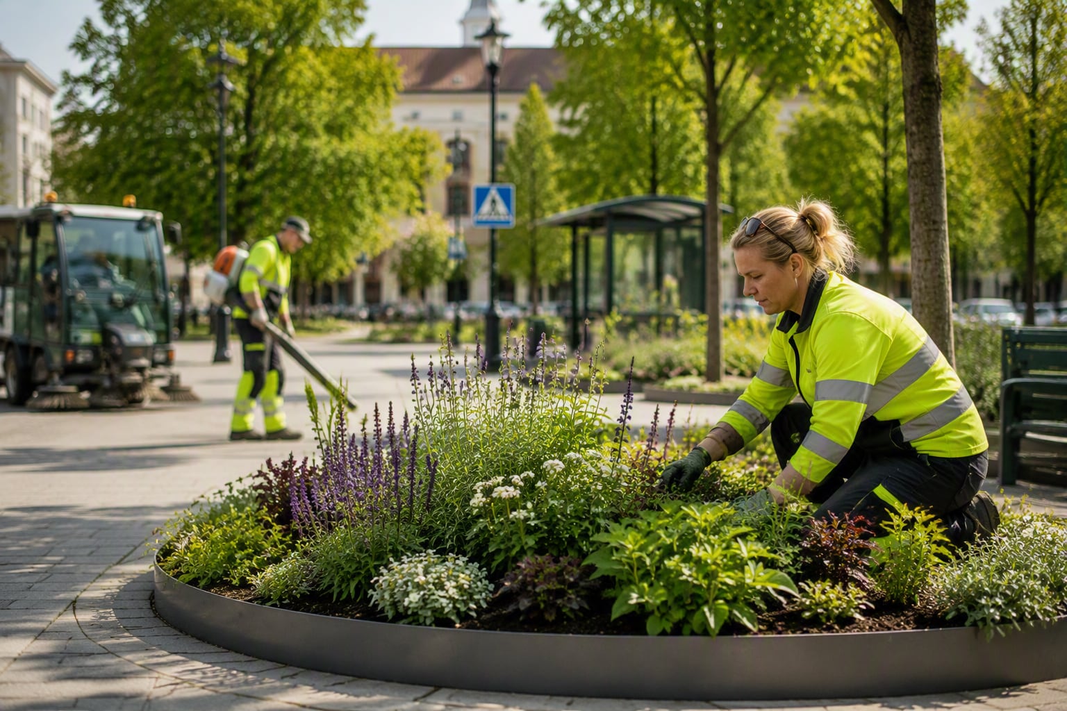 Parkarbetare sköter en planteringsyta med blommande växter och grönska längs en trädkantad stadsgata.